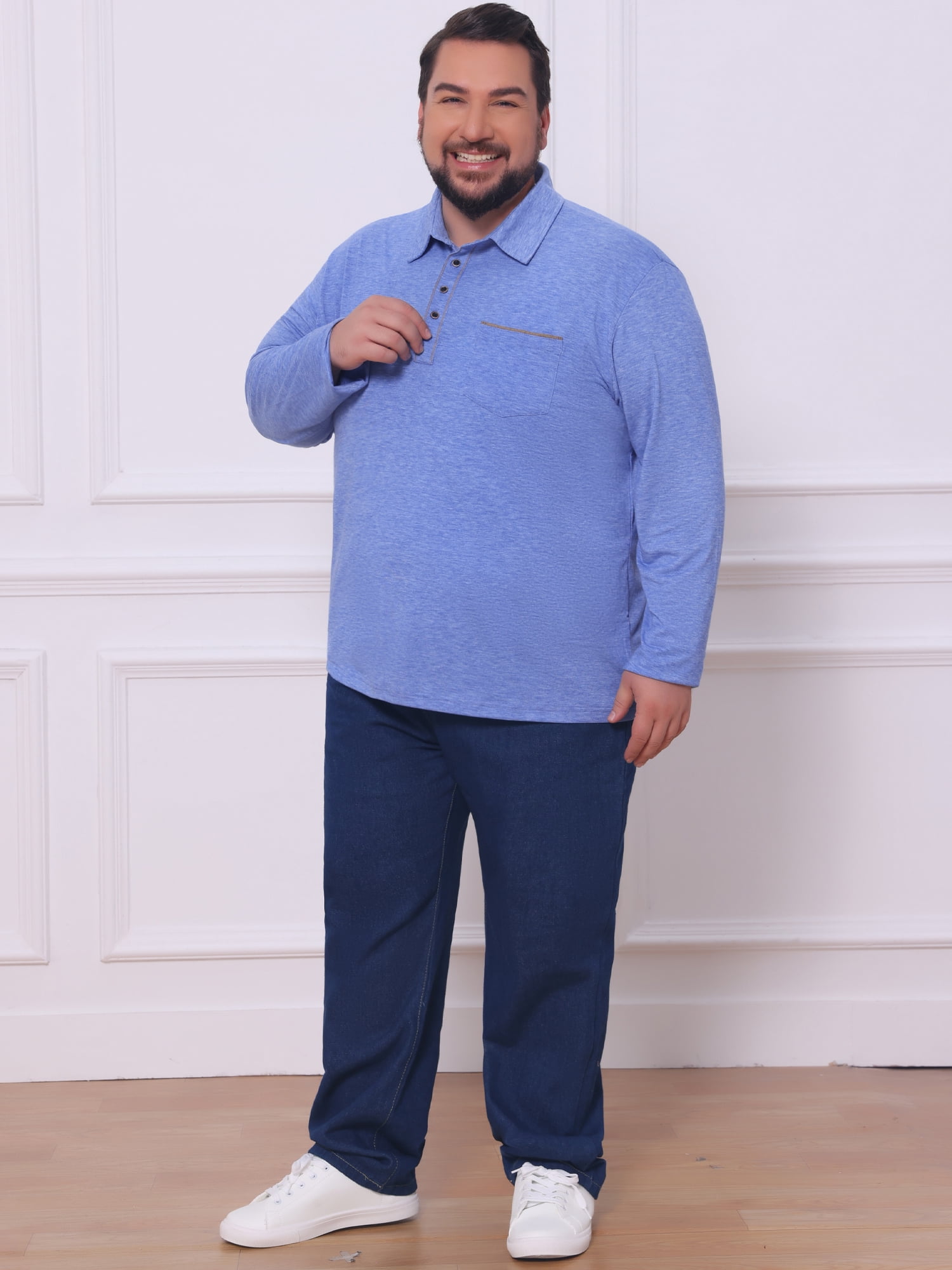 DARING DIVA Men's Big Tall Chest Pocket Long Sleeve Business Polo Shirt 2XL Blue