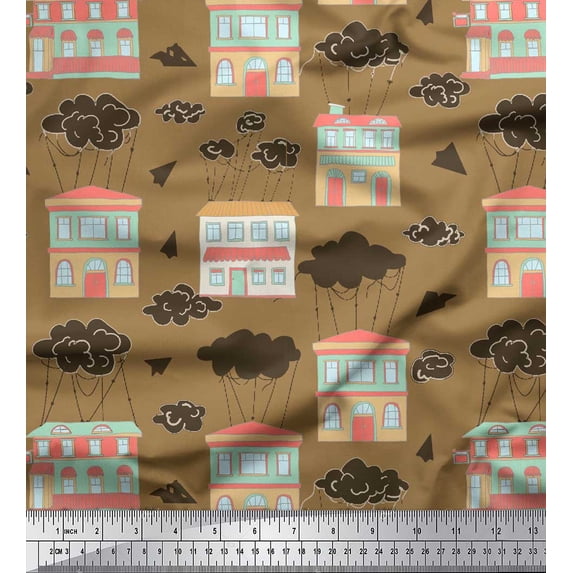 Soimoi Brown Cotton Voile Fabric Clouds & House Architectural Print Fabric by the Yard 42 Inch Wide
