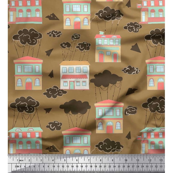 Soimoi Brown polyester Crepe Fabric Clouds & House Architectural Print Fabric by Yard 42 Inch Wide