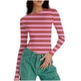 thumbnail image 6 of hotojiny Long Sleeve Shirts for Women Going out Cute Basic Tee Fall Fashion Outfits Stretch Slim Fitted Ruched Striped Tops, 6 of 7