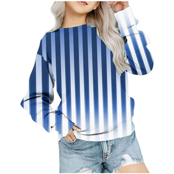 Odeerbi Kids Boys Girls Crewneck Sweatshirts Striped Pullover Sweatshirts 1-12 Years Children's Round Neck Long Sleeve Pattern Printed Sweatshirt Blue