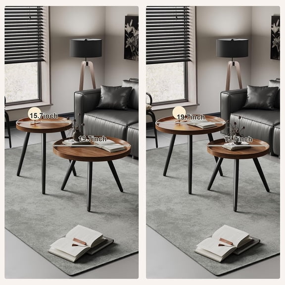 Small Round Coffee Table Set of 2, Walnut Coffee Tables for Living Room, Mid Century Modern Nesting Coffee Table, Wood Circle Center Tables, Black Wooden Side End Table, mesa de Centro para sala$$