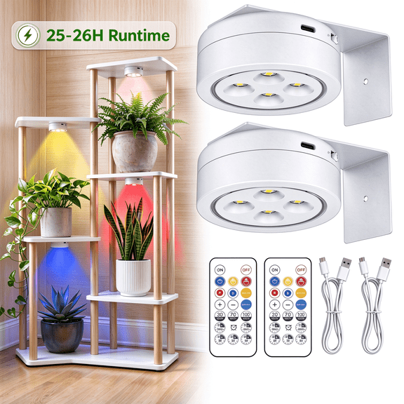 2‑Pack 26‑Hour Runtime Rechargeable Grow Lights, 4000mAh Cordless Plant Light with Timer Remote, Full Spectrum Magnetic Light for Plant Shelf