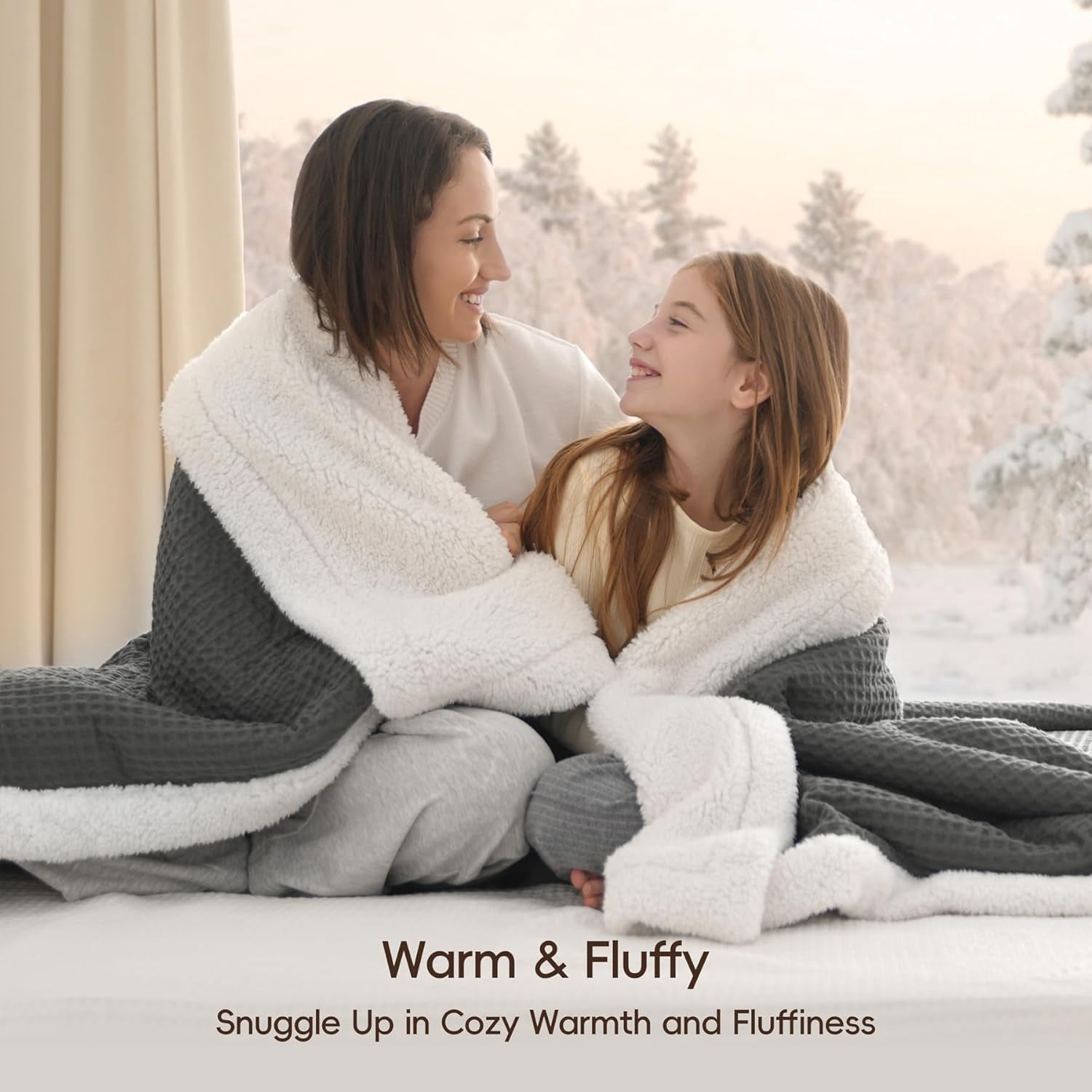 PHF Waffle Sherpa Bed Blanket Twin Size, Cozy Warm Reversible Plush Flannel Blanket for Winter, 60" x 80", Grey