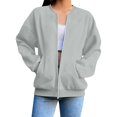thumbnail image 3 of Baseball Collar Hoodie Womens, Zip Pocket Athletic Hoodie, Casual Bomber Sweatshirt Light Gray Xl , Streetwear Hoodie, 3 of 5