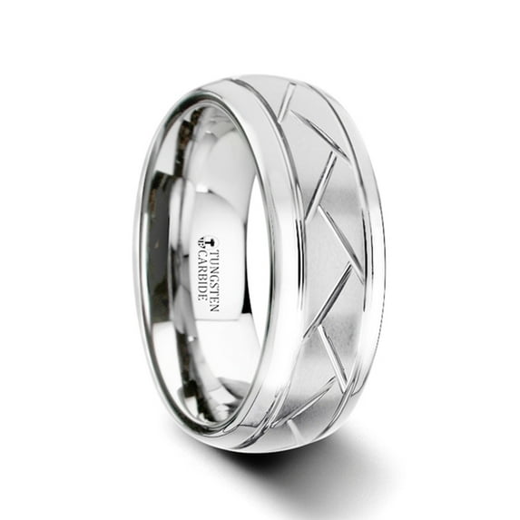 Octavian Domed Tungsten Carbide Ring With Crisscross Grooves And Brushed Finish