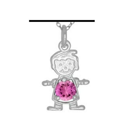 Rhodium Plated Charm - Pink Cubic Zirconia October Birthstone Boy Flat Charm Rhodium Plated Sterling Silver