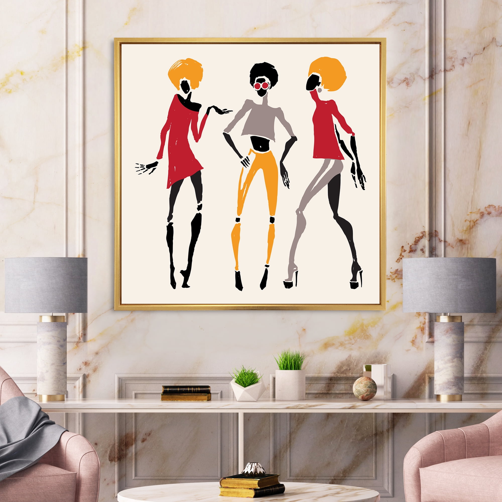 Designart 'African American Women Silhouettes Red and Yellow I' Modern Framed Canvas Wall Art Print