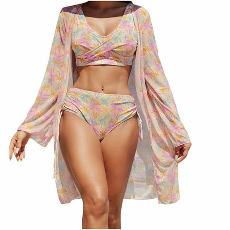 Jamicy Swimsuits for Curvy Women 2025 New Women s Printed 3 Pieces High Waist Bikini Set with Maxi Swimsuit Cover Up