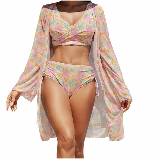 KIHOUT 2025 Women's 3 Pcs Tummy Control Swimsuit Printed Flowy Long Sleeve Robe Cover Ups Paded Bikini Shorts Swimwear for Beach Pool Party