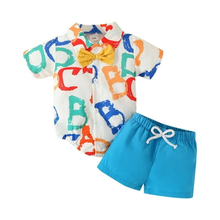 

Toddler Boys Short Sleeve Cartoon Letter Printed Tops Shorts Kids Gentleman Outfits Child Clothing Streetwear Dailywear Outwear
