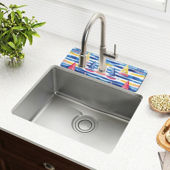 Yayeee Faucet Mat for Kitchen Sink 14.7" Diatomite Long Splash Guard Pad, Red Hand Drawn Sailboats