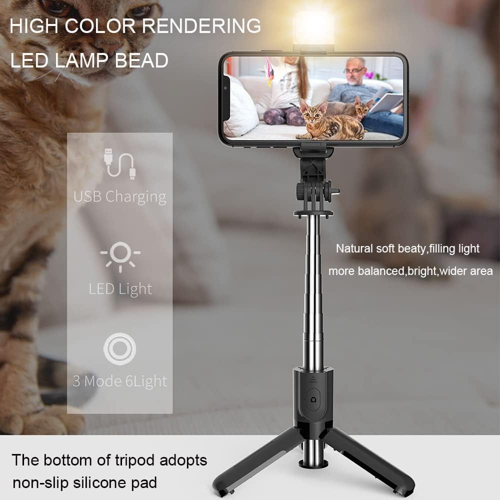 Tianle Selfie Stick Tripod with Fill Light,Stable Tripod Stand with Detachable Wireless Remote,Compatible with iPhone 15 Pro Max/15 Plus/14/13,GoPro, Samsung,LG,Google Smartphones(Mini Black+Light)