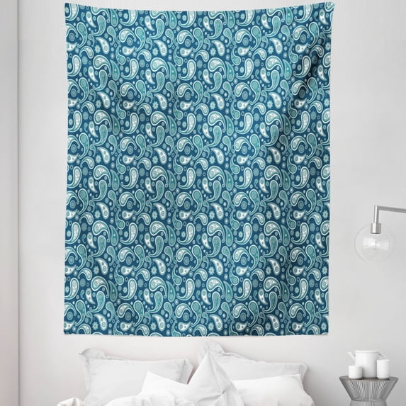 Vintage Blue Tapestry, Middle Eastern Paisley Pattern Curvy Motifs with Floral Details, Fabric Wall Hanging Decor for Bedroom Living Room Dorm, 5 Sizes, Dark Blue Teal and White, by Ambesonne