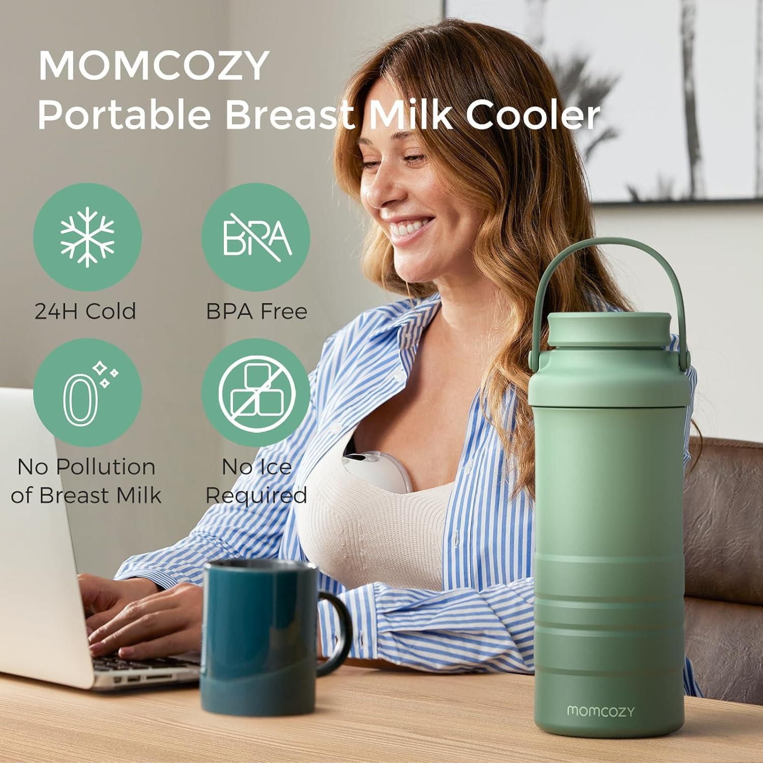 Momcozy 22oz Portable Breast Milk Cooler, Life Saver with 360° Total Cooling, Larger Capacity Travel Breastmilk Chiller with 2pcs Baby Bottles, Green