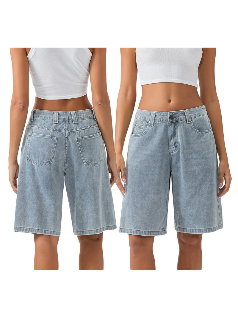 Michellecmm Women's Knee Length Denim Shorts Loose Solid Color Low
