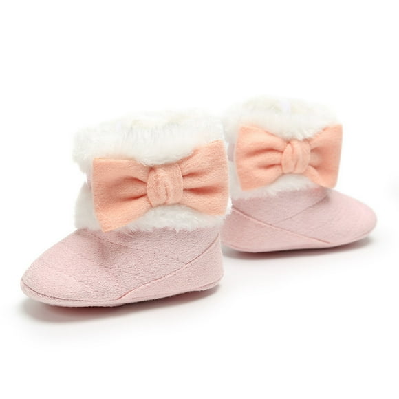 REDARER Chaussons d'Hiver Unisexes pour Bébé - Semelle Souple Antidérapante Premières Chaussures de Marche avec Doublure en Peluche et Détail Nœud, Couleur : Rose, Taille : 6-9 Mois