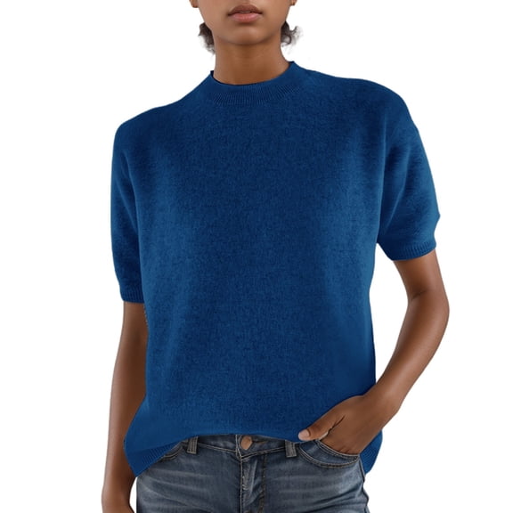 PLHWHYQ Women's Knitted Short Sleeve Top, High Round Neck Layering Bottoming Shirt, Comfort Casual T-Shirt Blue S