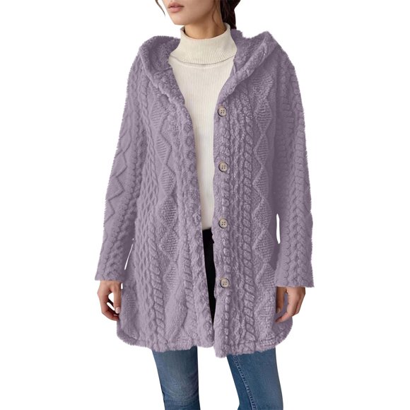 LMKIHUSA Hoodie Jackets for Women Sherpa Teddy Thicken Winter Thermal Coats Button Down Jacquard Knitted Outerwear with Deep Pockets Purple,XL