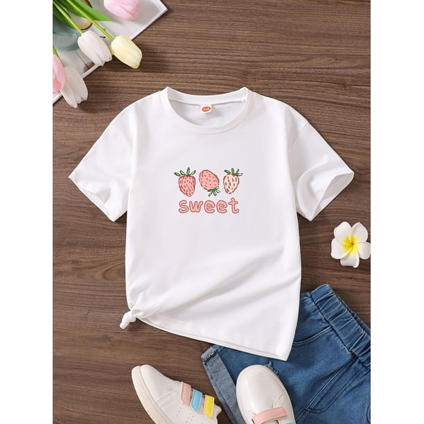 Girls' Cute Crew Neck T-Shirt, Polyester Blend Cartoon Strawberry Print, Slight Stretch, Loose Fit Knit Top, for Kids 12 and Under, Summer Casual Wear