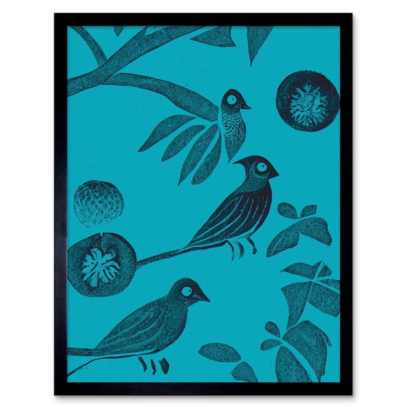 Linocut Vintage Blue Birds Jungle Pattern Illustration Teal Art Print Framed Poster Wall Decor 12x16 inch