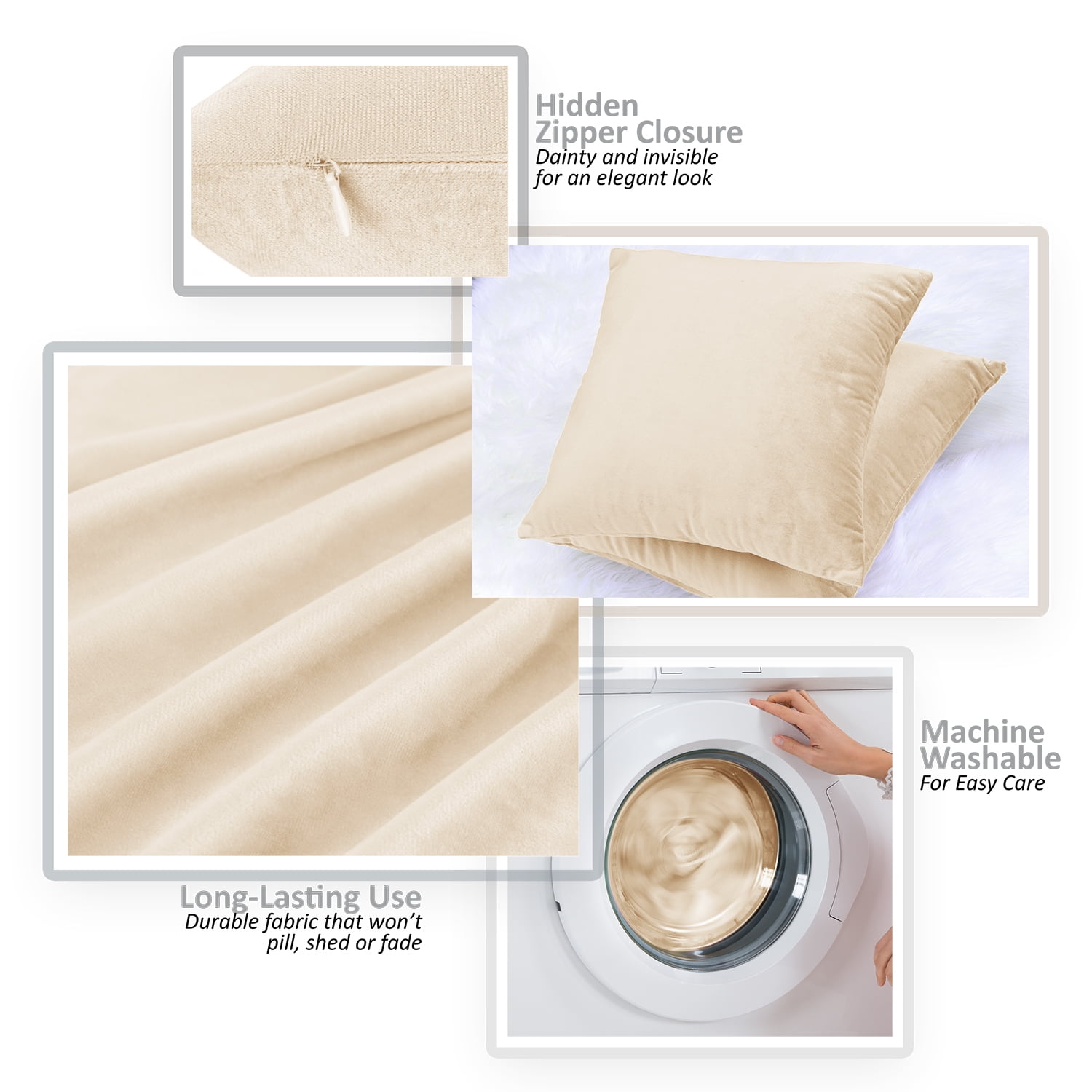 Nestl Velvet Throw Pillow Covers Solid Square Soft Decorative Pillow Cover for Sofa, 20" x 20", Beige, Pack of 4
