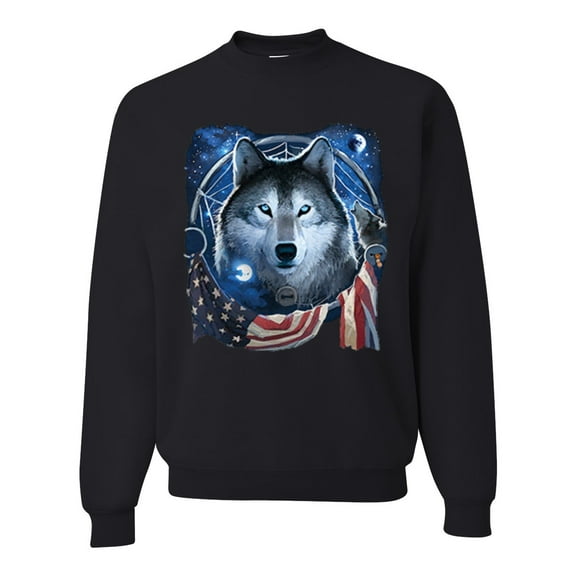 Wild Bobby, Amrican Flag Patriotic Wolf Dreaming Animal Lover Unisex Crewneck Graphic Sweatshirt, Black, Small