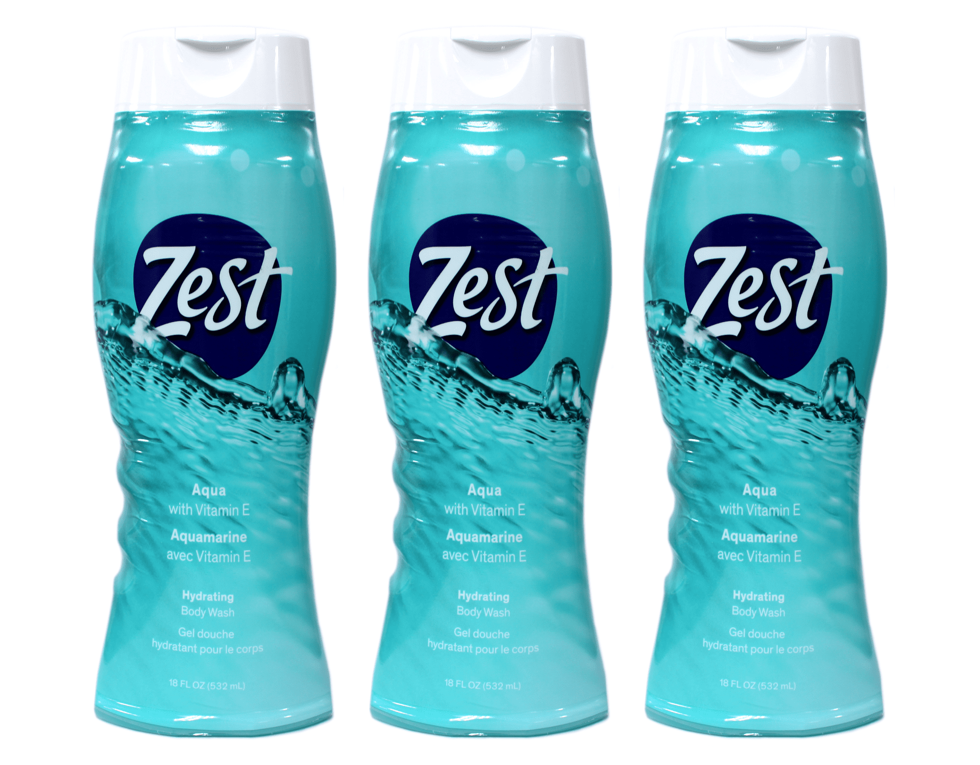 Zest Hydrating Body Wash Shower Gel Aqua Scent with Vitamin E 18 fl oz Pack of 3