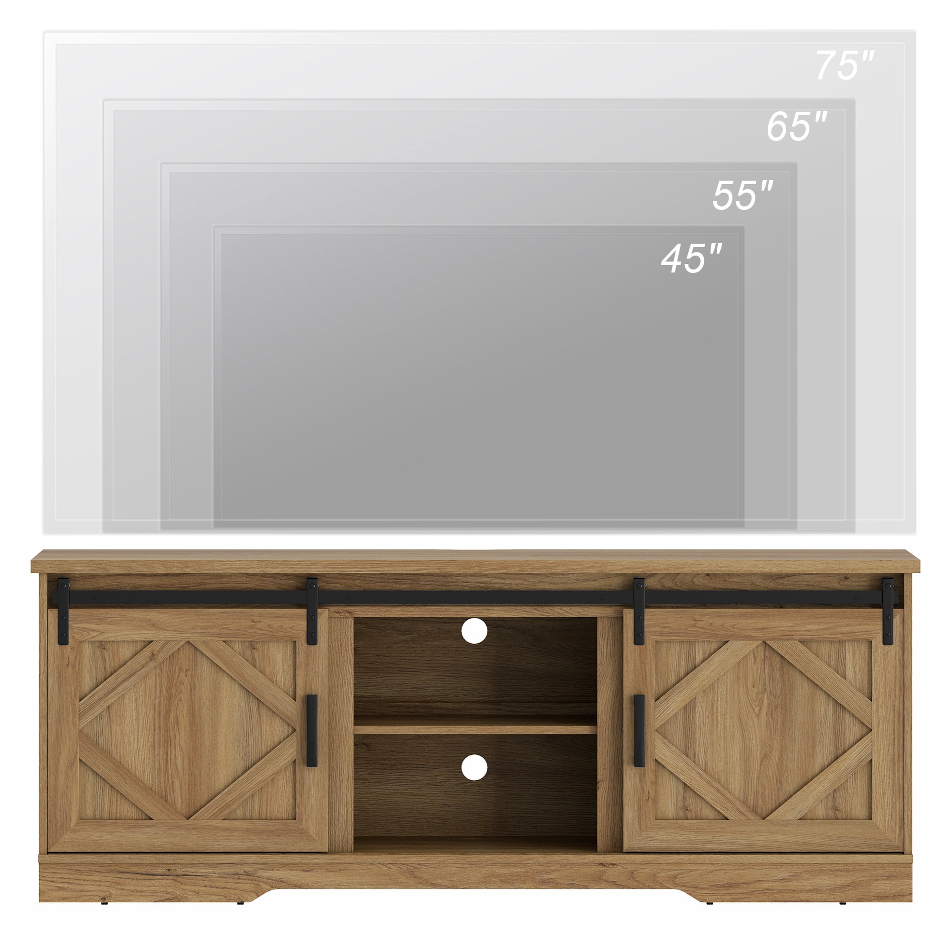 WAMPAT Farmhouse TV Stand with Sliding Barn Door for 75" TVs, Entertainment Center with Adjustable Shelf and Storage Cabinets, Media Console Table for Living Room,Hallway,Vintage Oak