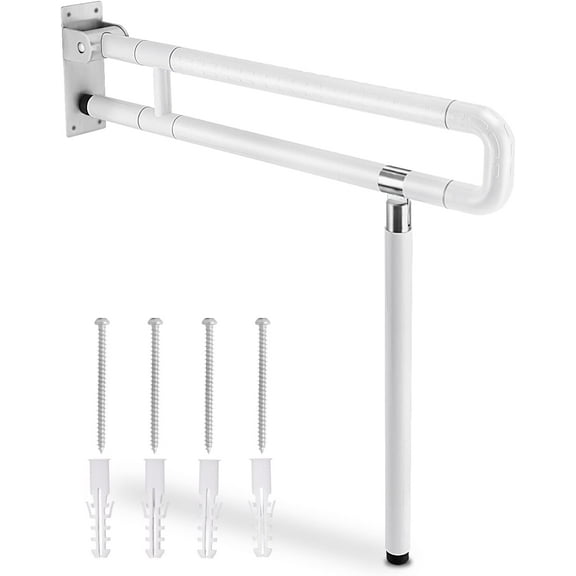 Flip Up Handicap Grab Bar Foldable Toilet Grab Bar 29.5 INCH Wall Mount Folding Toilet Safety Rail with Floor Support for Bathroom for Elderly Disabled Senior Pregnant