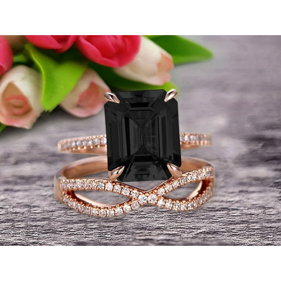 2.25 Carat 7x5mm Emerald Cut Black Diamond Moissanite Engagement Ring 10k Rose Gold Promise Ring for Bride or Anniversary Gift Startling Jewelry Twisted