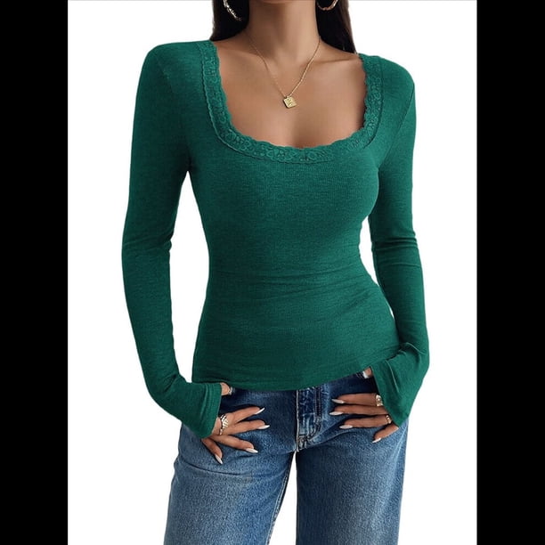 Camisas de Larga para Mujer, Cuello Cuadrado, Tops Cortos de Punto Acanalado, Conjuntos de Otoño, Ropa de Moda Verde XS