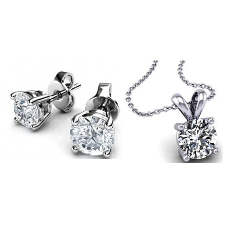 Genuine 1 Carat Natural Solitaire Round Cut Diamond 4 Prong Necklace & Studs Earring Set in 14k White Gold