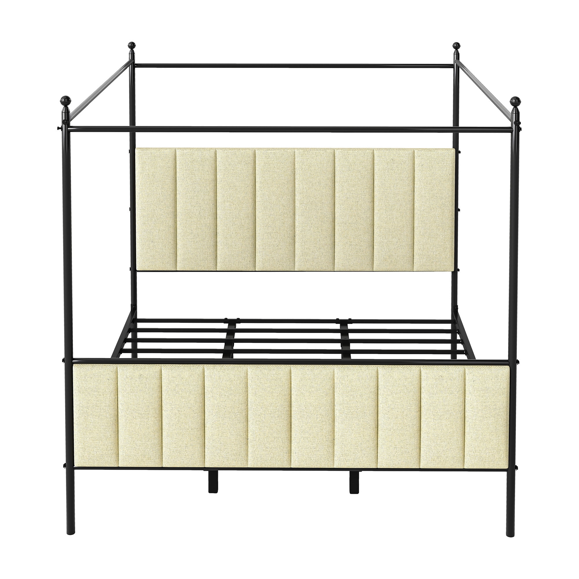 Uforic King Upholstered Metal Canopy Bed with Adjustable Platform Frame, Cushioned Headboard & Footboard, Beige