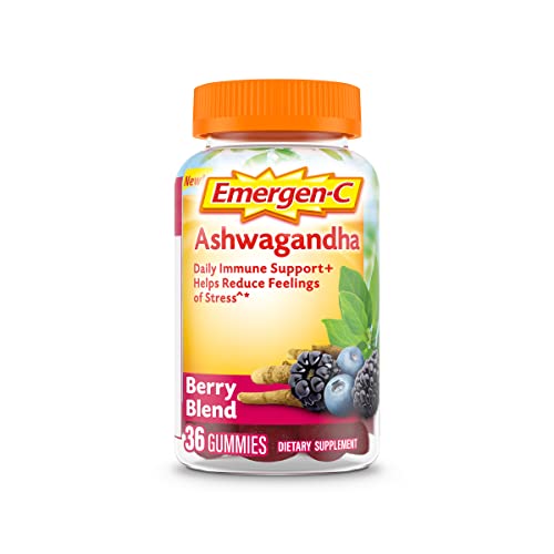 EmergenC Vitamin C and Ashwagandha Gummies, Dietary Supplement for Immune Support, Berry Blend
