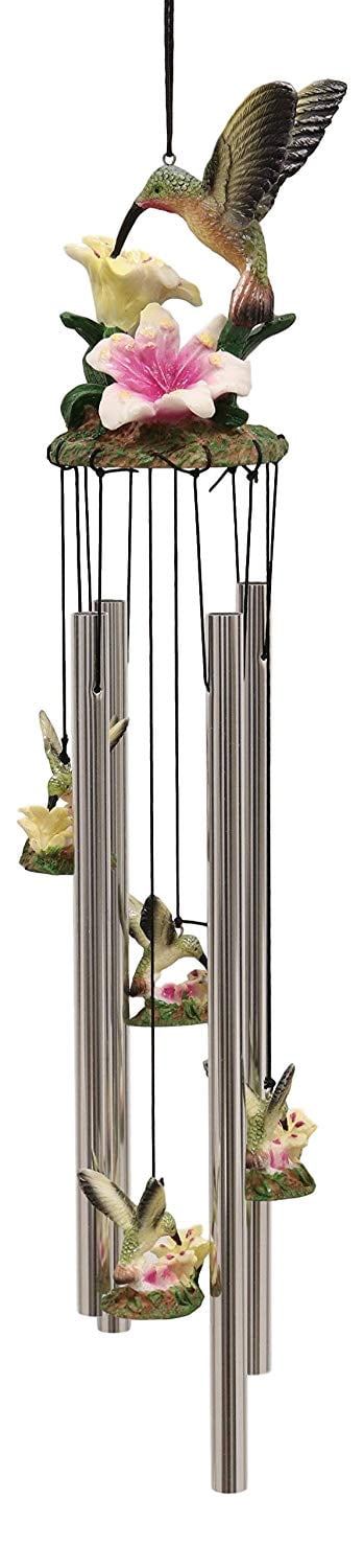 Ebros Beautiful Hummingbird with Nectarine Lily Flowers Wind Chime 21" L