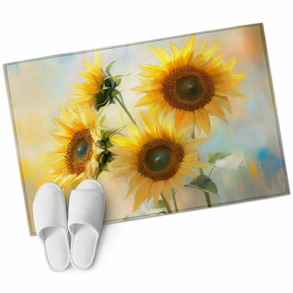 Sunflower Bathroom Mat 2x3 FT, Non Slip Small Kitchen Mat, Watercolor Yellow Floral Botanical Washable Soft Backed Front Door Throw Rug Non-Shedding Indoor Outdoor Doormat for Entryway Sink