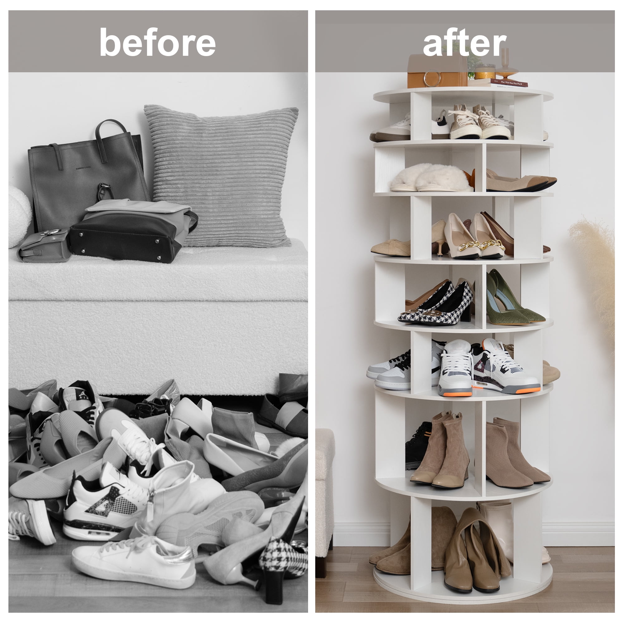8 Tier Rotating Shoe Rack Tower, 32 Pair Shoe Organizer Shelf, White, 63.3" x 23.6" x 23.6"