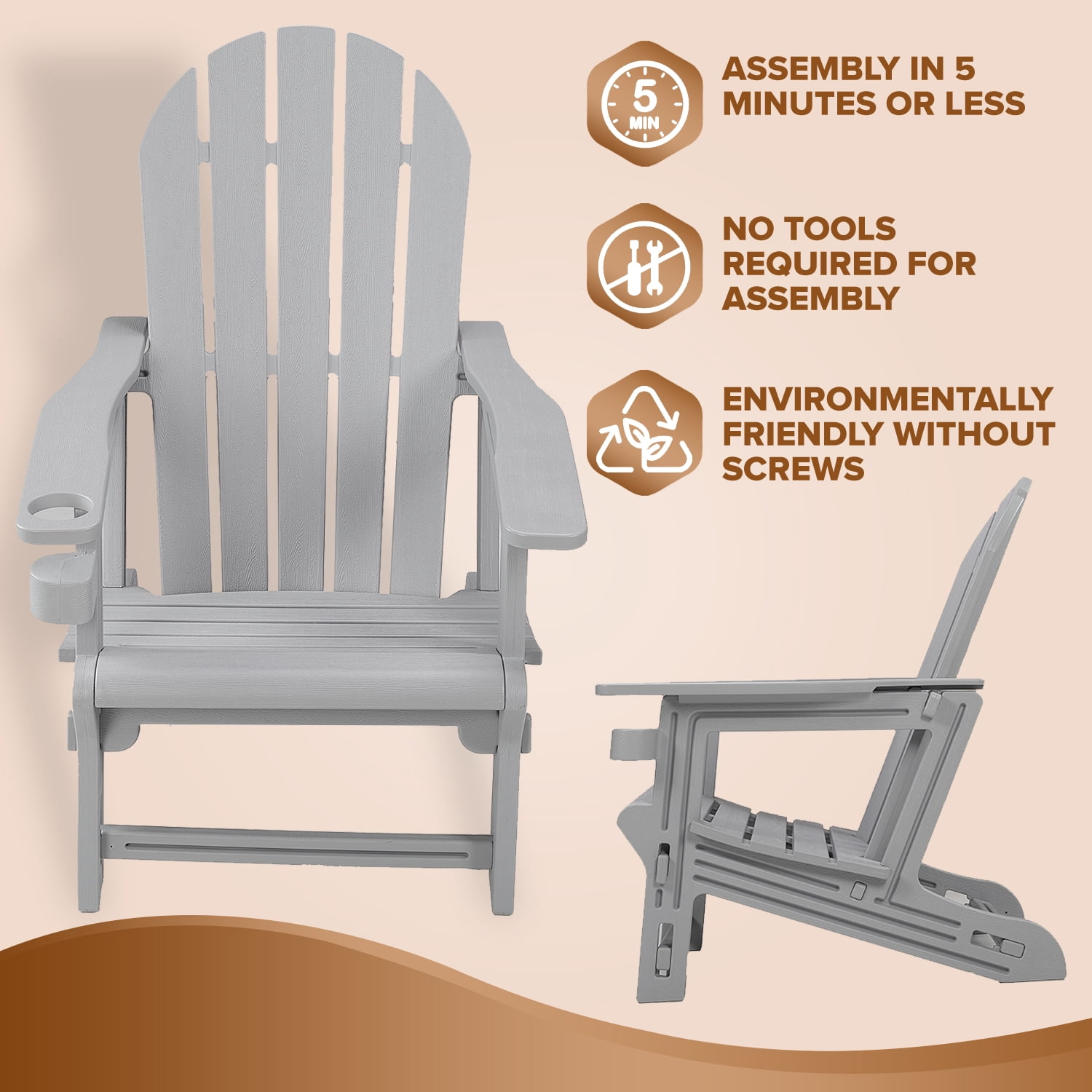 HDPE Adirondack Chair, Weather-Resistant Outdoor Seating, No Tools Needed 5-Min Assembly, for Patio, Fire Pit & Lawn – Grey