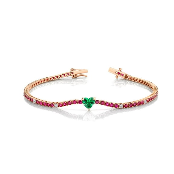 925 Silver Lab Ruby Round With Lab Emerald Heart And White Zirconia Tennis Bracelet,July Birthstone Bracelet,Layering Bracelet For Women