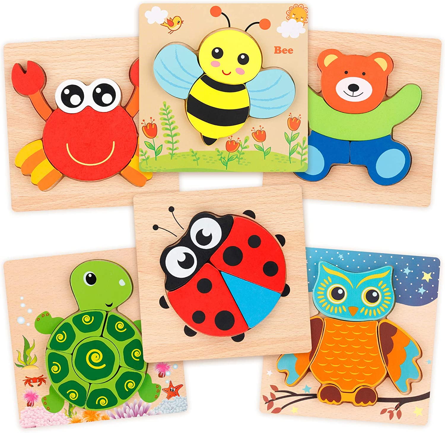 Wooden Jigsaw Puzzle Set, 6 Pack Animal Shape Color ontessori Toy, Fine