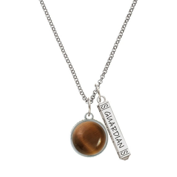 Delight Jewelry Silvertone Round - Imitation Cat's Eye - Brown - Silvertone Guardian Angel Bar Charm Necklace, 23"