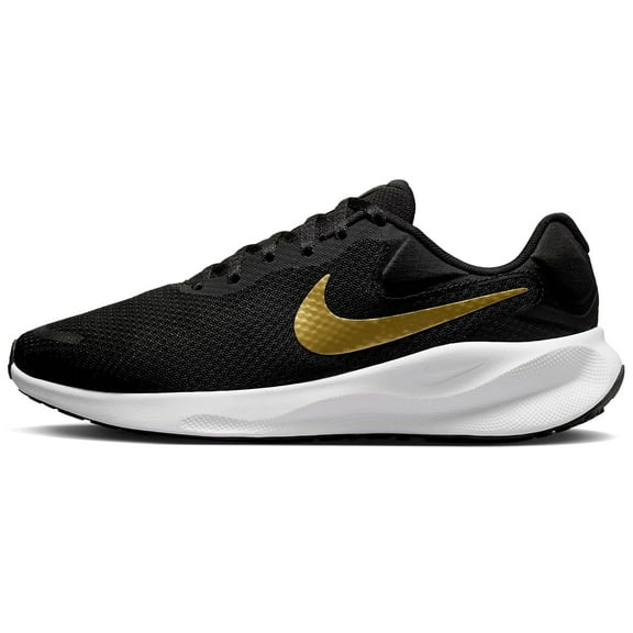 Nike Revolution 7 Women's Road Running Shoes (Extra Wide) (FZ6829-002, Black/White/Metallic Gold) Size 10