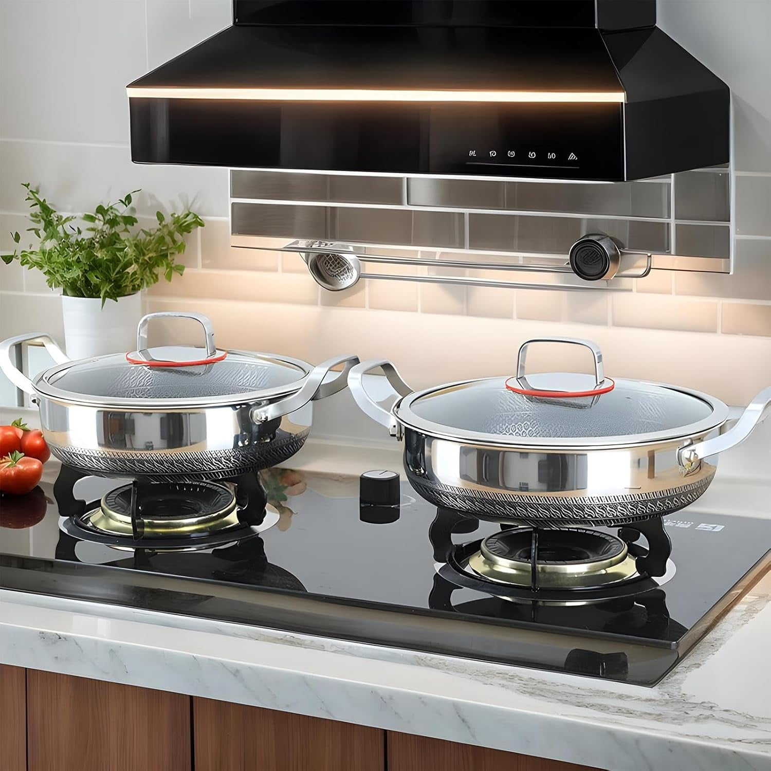 Double Handle Stainless Steel Hammered Pan with Lid, 26cm Non Stick Frying Pan Pro Cookware for Cooking, Scratch-Resistant, Suitable for All Cooktops（1pcs）