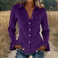 thumbnail image 2 of Womens Velvet Button Down Shirts Velour Flounce Long Sleeve Lapel Collared Slim Fit Dressy Blouse for Business Casual Work Office Fall Fashion, Purple, XL, 2 of 7