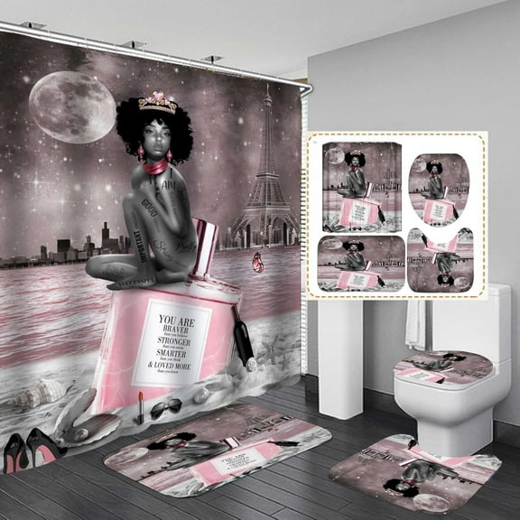 4PCS Gold Glitter Hello Gorgeous Shower Curtain Sets, Watercolor Pink Floral Black and White Striped Perfume Makeup Modern Fashion Women Bathroom Decor, Non-Slip Bath Mat Toilet Rug, Hibiscus
