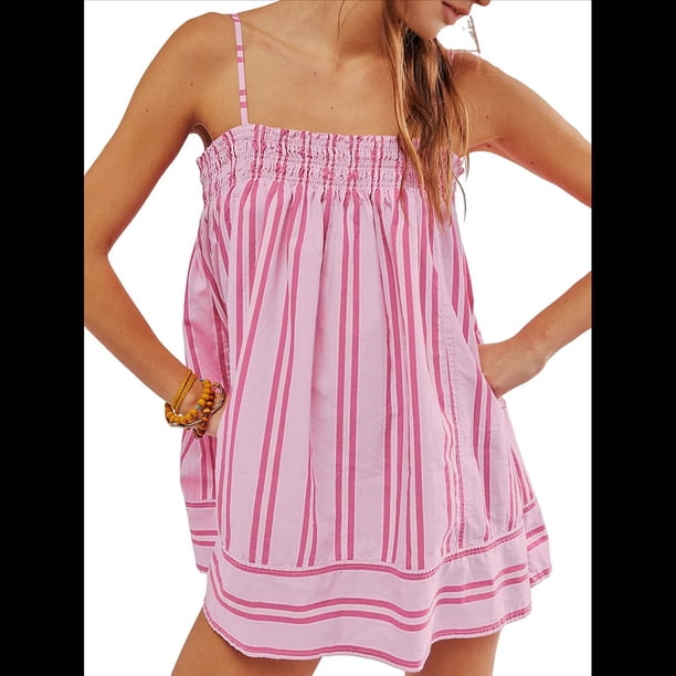 Conjunto de 2 Piezas de Pijama para Mujer, con Top Corto Sin Mangas con Dobladillo Fluido y Rayas Y2K + Pantalones Cortos de Cintura Alta. Rosa L