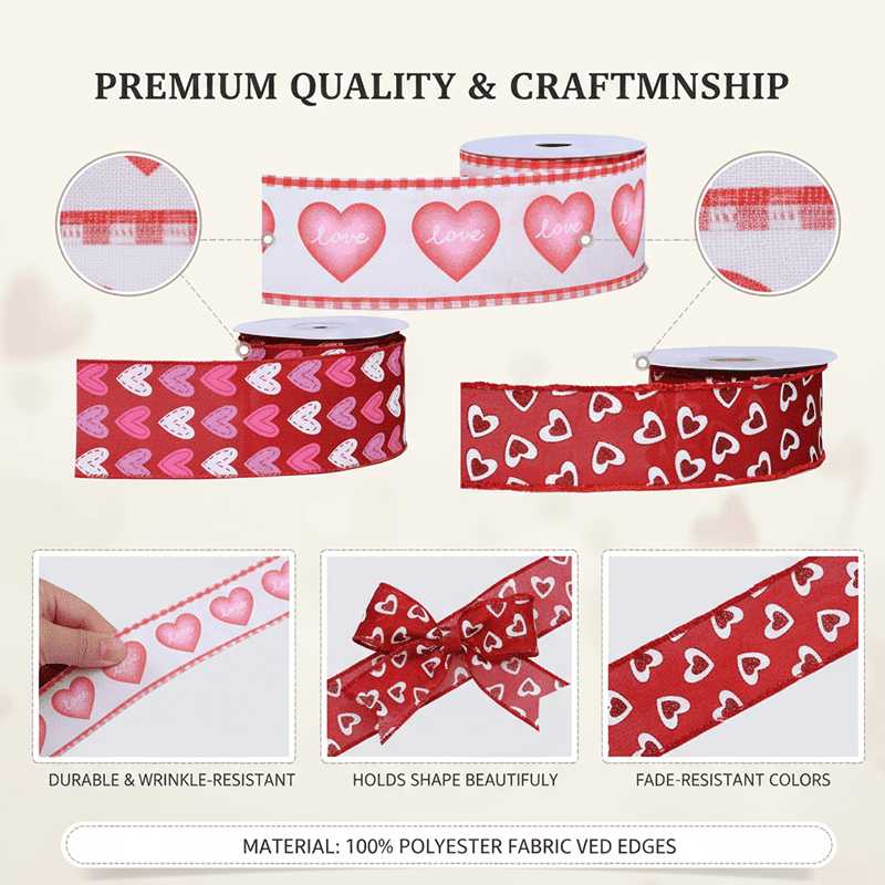 3 Rolls Valentine's Day Red Heart Ribbon, Each 2.5" X 10 Yard, Wired Heart Pattern Packaging Tape for Wreath Bow Wrapping Gifts & Party Supplies, Wedding Decorations