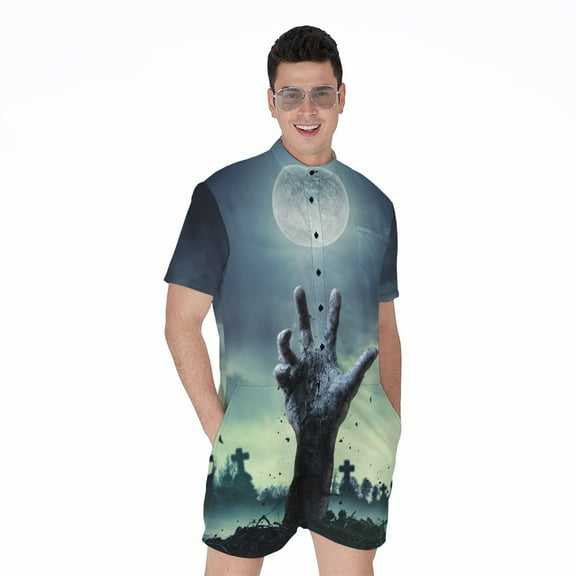 Zombie Hand Rising From Grave Short Sleeve Men'S Rompers, Halloween Decorative Casual Summer Jumpsuits Outfit