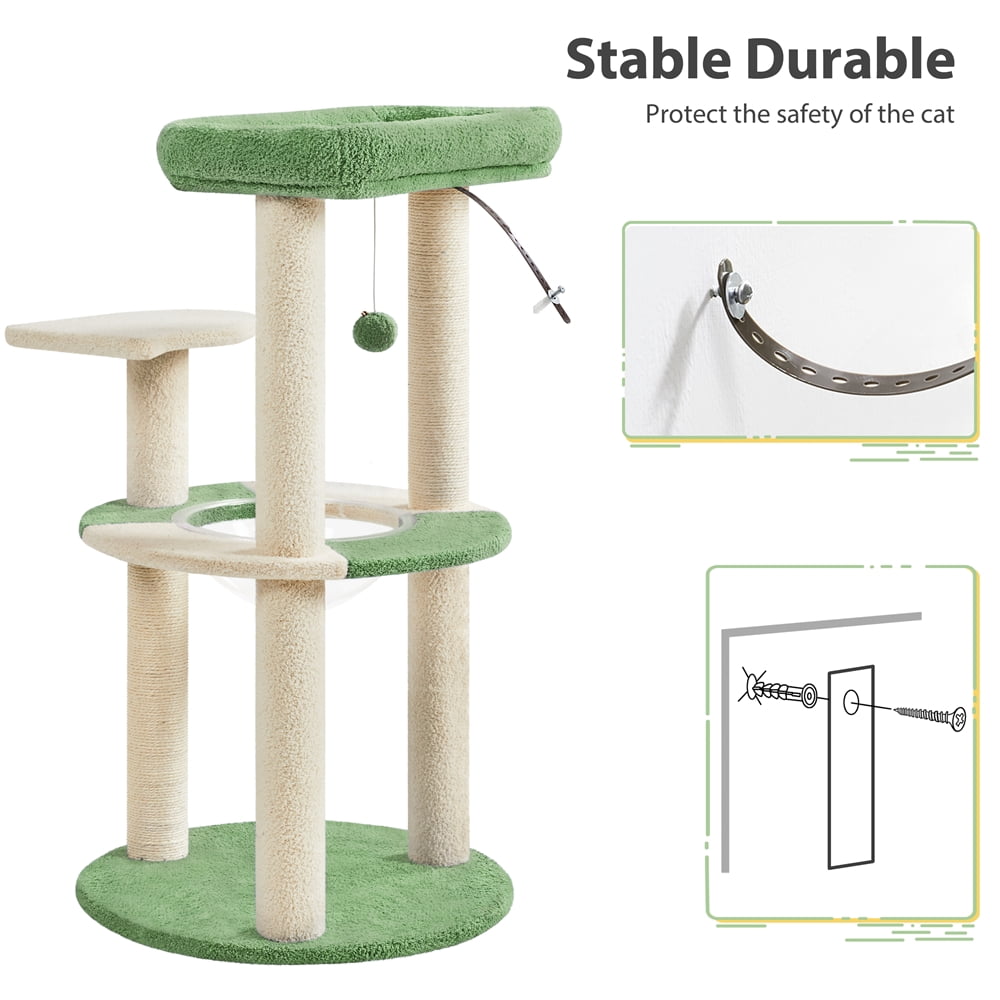 Yaheetech 35.6″ Tall Ocean Cat Tree with Detachable Clear Bowl, Army Green/Beige